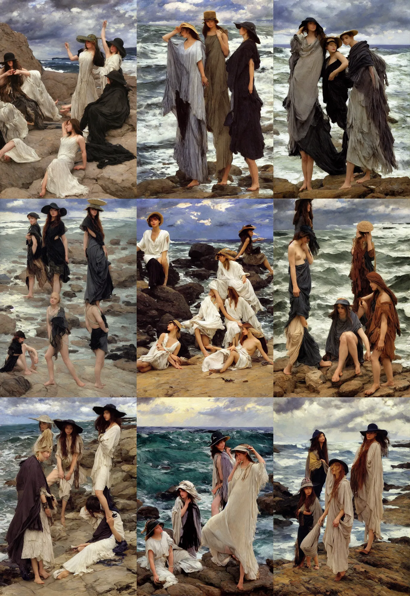 Prompt: dramatic light, thunder clouds in the sky, stormy sea by frederick judd waugh, simple form, brutal shapes, shaman, portrait of three of fashionable young womans wearing rich jewerly hat and boho poncho, pixiv, lying pose on stones, 1970s fashion, anime, studio ghiblil, artwork by Joaquin Sorolla and john william waterhouse and Denis Sarazhin and James Jean and klimt and rhads and van gogh and Dean Ellis and Detmold Charles Maurice