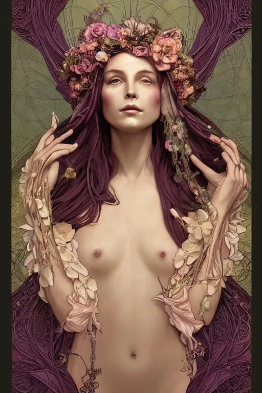 Prompt: full length portrait of a beautiful mysterious fairy with flowery headgear, no hands, by eve ventrue, michael carson, andreas rochas, john watkiss, casey weldon, artgerm. art nouveau. tarot card by mucha. gloomhaven. swirly intricate linework background. gaudy colors, sharp edges. octane render