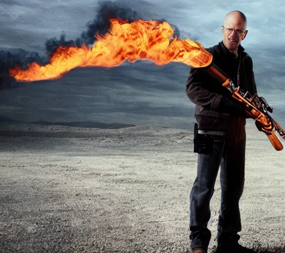 Prompt: flynn from breaking bad holding a flamethrower, movie still, photorealistic, clean composition