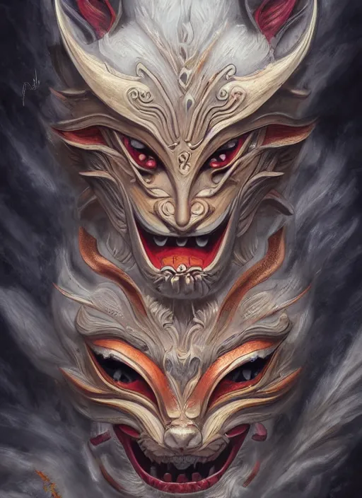 Image similar to a beautiful detailed oil on copper art illustration of a japanese hannya kitsune mask devil woman, the mask is broken, centered, by charlie bowater, zeng fanzh, trending on artstation, dim dusk lighting, cinematic lighting, detailed lighting, volumetric lighting, realistic, f 8, 4 k hd wallpaper