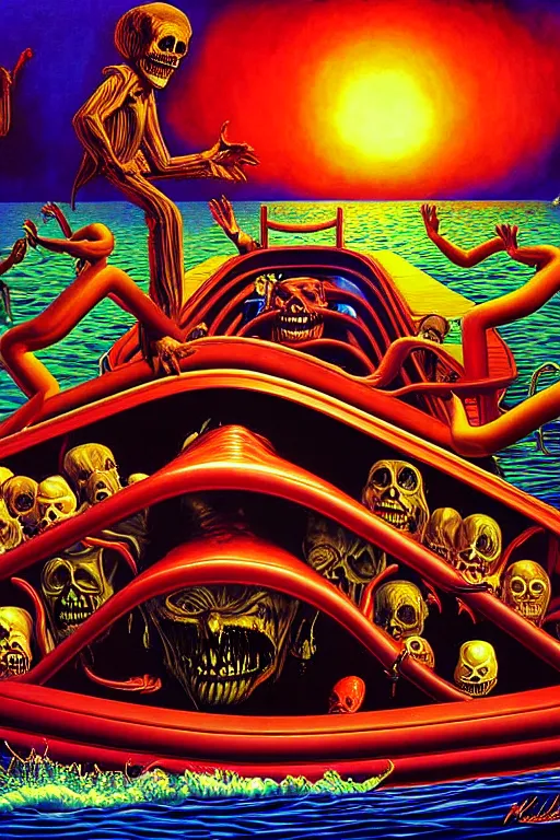 Image similar to a hyperrealistic painting of willy wonkas scary boat ride, cinematic horror by jimmy alonzo, the art of skinner, chris cunningham, lisa frank, richard corben, highly detailed, vivid color,