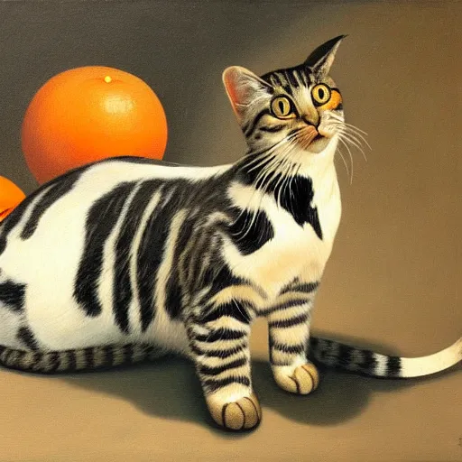 Image similar to painting of a mackerel tabby cat by rene magritte, hd, 4 k, detailed, award winning, orange, white, black