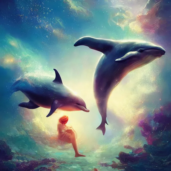 Image similar to glimmering whale, dolphins, cosmos, milky way galaxy, golden hour, god rays, coral reef, dreamscape by artgerm and ruan jia and ismail inceoglu and greg olsen, masterpiece, beautiful, intricate, elegant, highly detailed