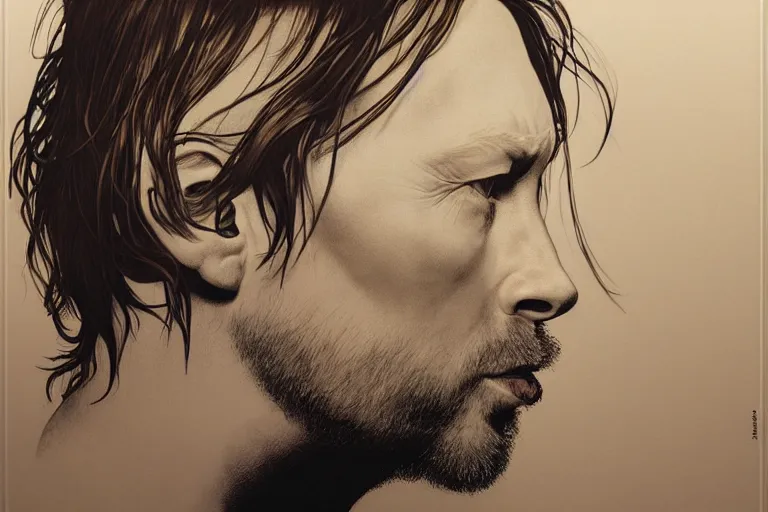 Prompt: hyper realistic portrait of ( thom ) yorke singer songwriter ok computer, side profile, liminal space, by lee bermejo, alphonse mucha and greg rutkowski