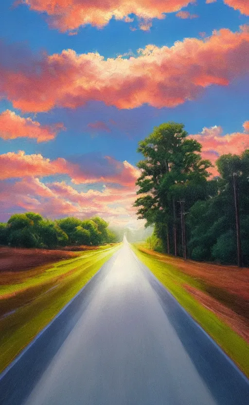 Image similar to paperback book cover. oil painting. pure colors, melting clouds, accurately drawn details, a sunburst above a receding road with the light reflected in furrows and ruts, after rain. photorealistic. octane render. cinematic. trending on artstation. textless.