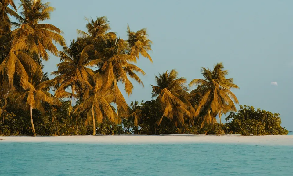 Image similar to 35mm film still, morning light over an island in the maldives, color palette of gold