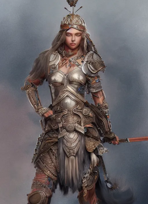 Prompt: detailed realistic full body character concept illustration pastel painting of a warrior princess in detailed clothing, insanely detailed and intricate, octane render, sss, postprocessing, 4k,