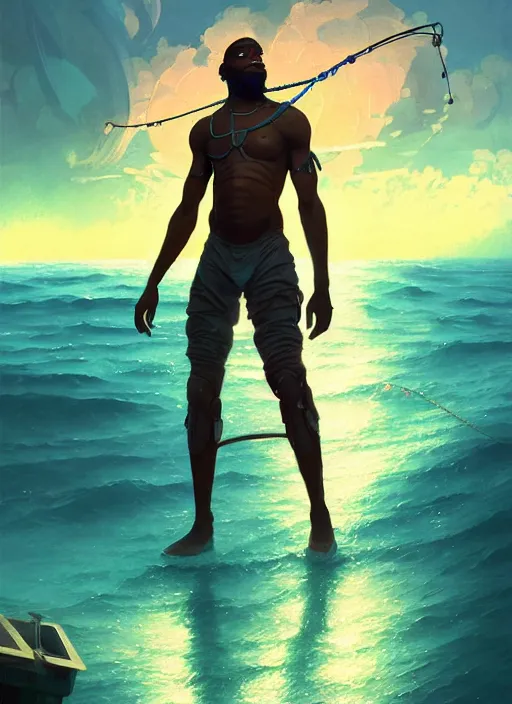 Image similar to portrait of a jamaican fisherman sci - fi glowing fishing armor muscular cyberpunk intricate elegant highly detailed digital painting artstation concept art, ocean fish background, greg rutkowski, loish, rhads, ferdinand knab, makoto shinkai and lois van baarle, ilya kuvshinov, rossdraws, tom bagshaw