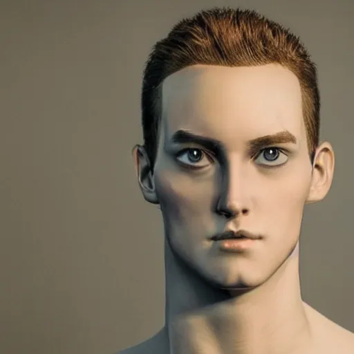 Image similar to “a realistic detailed photo of a guy who is an attractive humanoid who is half robot and half humanoid, who is a male android, twitch streamer and youtuber Ludwig Ahgren, shiny skin, posing like a statue, blank stare”