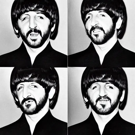 Image similar to ringo starr x 4, the ringles, the beatles but all members are ringo starr, 1 9 6 7 photograph