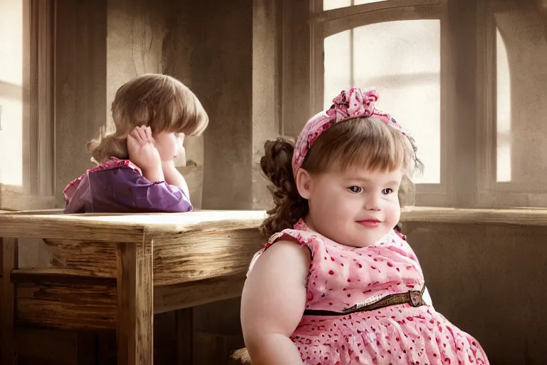 Image similar to charming and chubby family, wearing a polka dot cloths and a victorian - style hairdo on her head, sits in the large and bright studio. sunlight enters through the barred window. very realistic shiny skin. subsurface scattering shiny skin. beautiful lighting, 4 k post - processing, highly detailed, 5 k extremely detailed, 3 d. cinematic scene.
