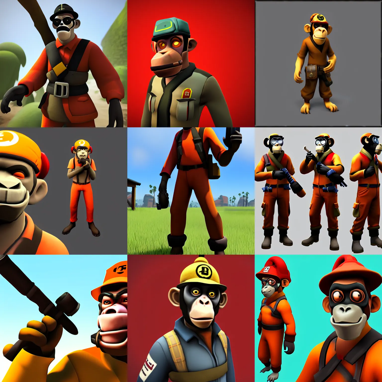 Prompt: a monkey as the team fortress 2 scout, model, rendered in sfm