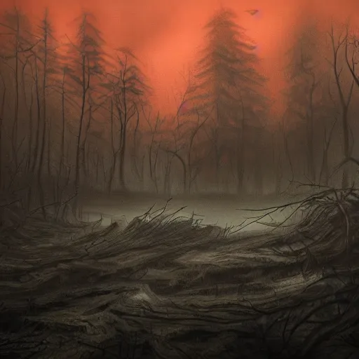 Image similar to dark, gloomy, and ghostly. it depicts a landscape with an eerie swallowed forest, with an eerie trail winding through a dark and foreboding forest, with some muted colors of orange and yellow in the background.