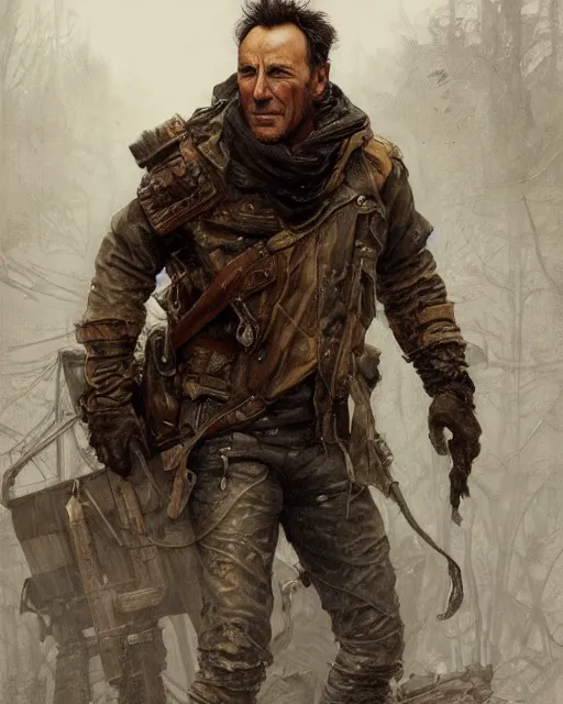 Image similar to A full portrait of Bruce Springsteen as a handsome post apocalyptic nordic explorer, intricate, elegant, highly detailed, digital painting, artstation, concept art, smooth, sharp focus, illustration, art by Krenz Cushart and Artem Demura and alphonse mucha