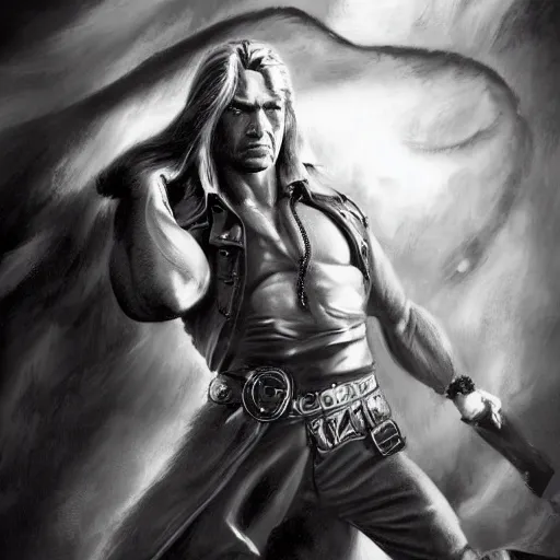 Image similar to portrait of a muscular, grim, ponytail haired blonde man in his late 30's, wearing a thick brown leather coat, looking to his side, hunter, DnD character, fantasy character, dramatic lighting, high detail, black and white digital art by Boris Vallejo