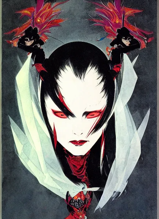 Prompt: portrait of mighty korean vampiress, jeweled veil, strong line, saturated color, beautiful! coherent! by frank frazetta, high contrast, minimalism