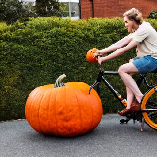 Prompt: a pumpkin being inflated with a bike pump