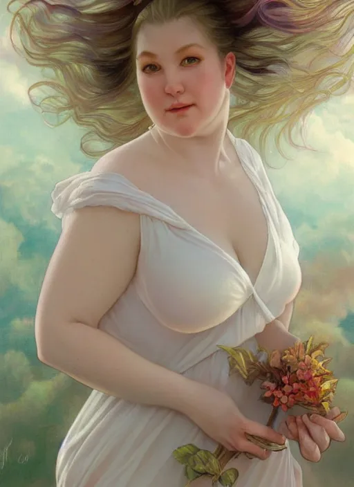 Image similar to a chubby white woman with pointed ears, wearing a white sundress, rainbow pastel clouds for hair, realistic painting by ross tran and gerald brom and alphonse mucha, artgerm, trending on artstation