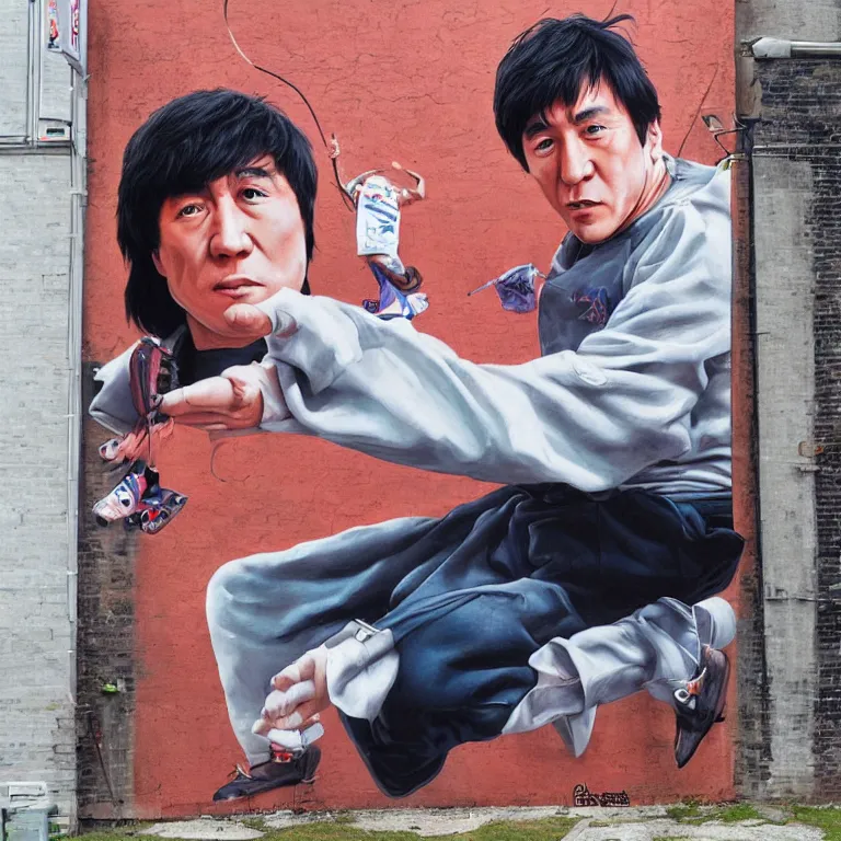 Image similar to Street-art full-body portrait of young Jackie Chan in style of Etam Cru, photorealism