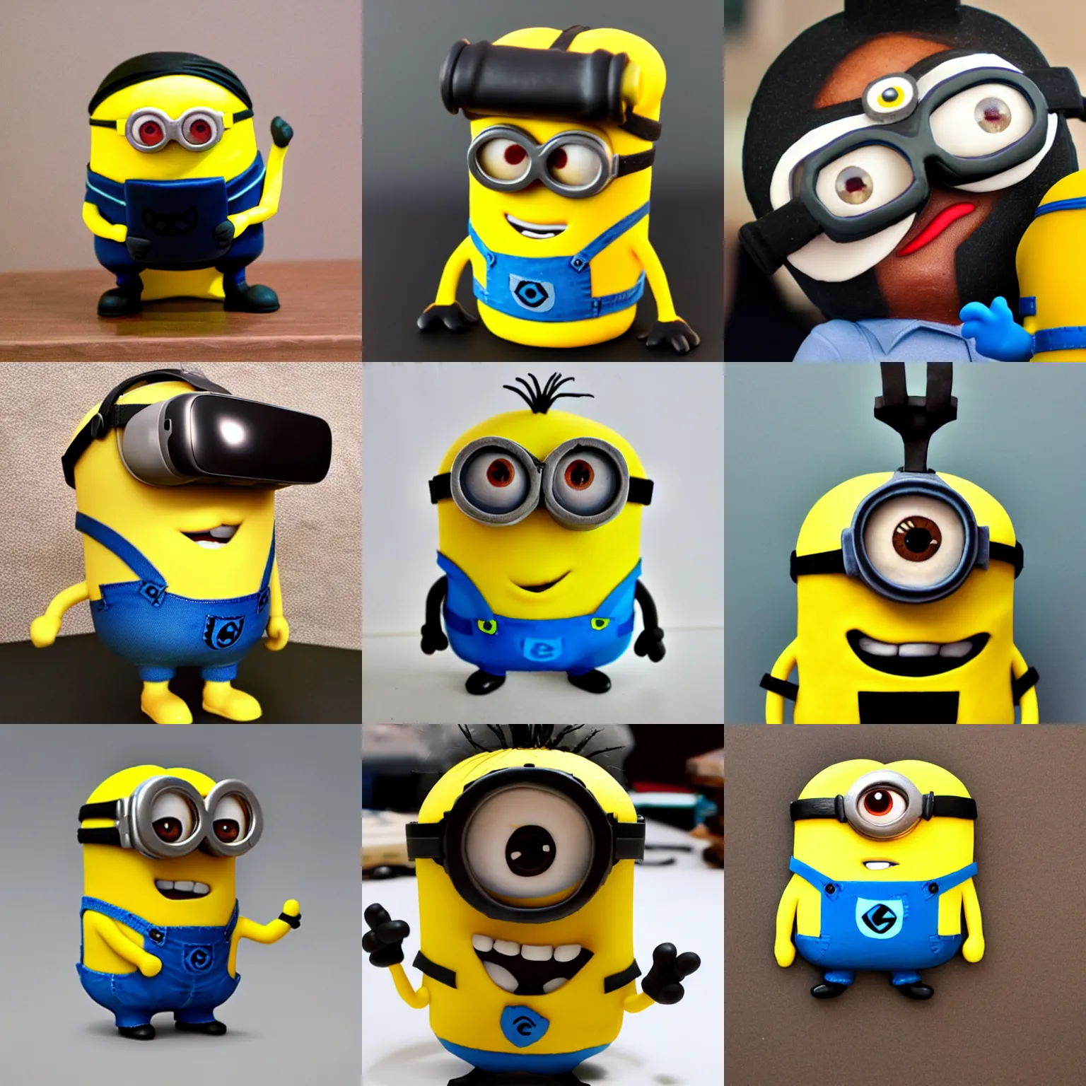 Prompt: minion wearing vr headset, clay model