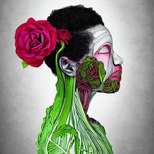 Image similar to the anatomy of a head of lettuce with roses that resemble a beautiful young black woman looking up, an ultrafine detailed illustration by james jean, intricate linework, bright colors, final fantasy, behance contest winner, vanitas, angular, altermodern, unreal engine 5 highly rendered, global illumination, radiant light, detailed and intricate environment