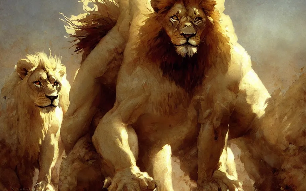 Image similar to muscular male furry albino lion young handsome male dnd, muscle, painting by gaston bussiere, craig mullins, greg rutkowski, yoji shinkawa