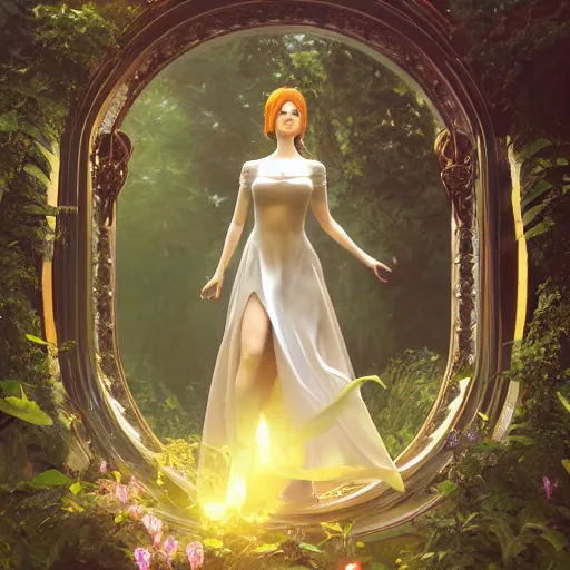 Prompt: female android descending from clouds into enchanted garden, full body portait, ornated jewels, fabricated gown, art by artgerm and alphonse mucha, and ilya kuvshinov and ross tran, art nouveau, octane render, 8 k, cinematic lighting, ultra hi definition