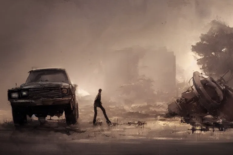 Image similar to epic concept art of an approaching truck and a man on the ground. close - up fallen man in foreground. backlight. rim light, strong contrast. by ashley wood and j. m. w. turner, speed painting, photo bash, cinematic angle, super detailing, strong perspective, traffic accident, haze over the shoulder shot