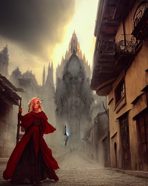 Prompt: mage, woman, portrait, dirty alley, a beautiful fantasy city, made from white stone and bright gold, built on the side of a volcano, gondor, misty, red sky, medieval city, metropolis, gorgeous clouds, god rays, fantasy art, octane render, ureal engine, high detail, alphonse mucha, greg rutkowski, james gurney, johannes voss