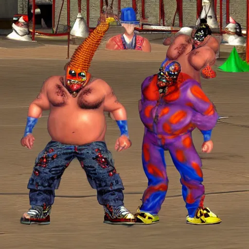 Image similar to Juggalo coneheads, twisted metal ps1 graphics