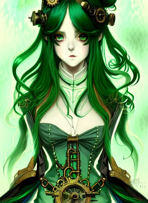 Image similar to beautiful green hair anime woman victorian dress, steampunk, fantasy, eerie, intricate details, pixiv, digital painting, artstation, concept art, 8 k, art by artgerm, loish and alohonse mucha and eiichiro oda symmetrical face symmetrical eyes