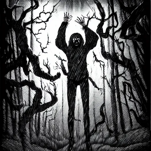 Prompt: in the style of junji ito, rafael albuquerque, shinsui ito, transparent ghost screaming, in the woods, moody lighting