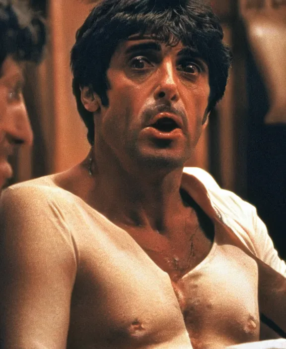 Image similar to extreme long shot. tony montana from movie scarface 1 9 8 3. al pacino, perfect symmetric face, coherent eyes, fine details, 4 k, ron cobb. cinestill