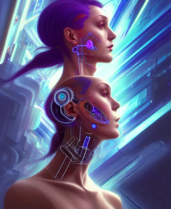 Image similar to a whirlwind of souls rushing inside the metaverse, hologram, half body, neurochip, shaved temple, piercing, jewelry, android, cyborg, cyberpunk face, by loish, d & d, fantasy, intricate, elegant, highly detailed, colorful, digital painting, artstation, concept art, art by artgerm and greg rutkowski and alphonse mucha