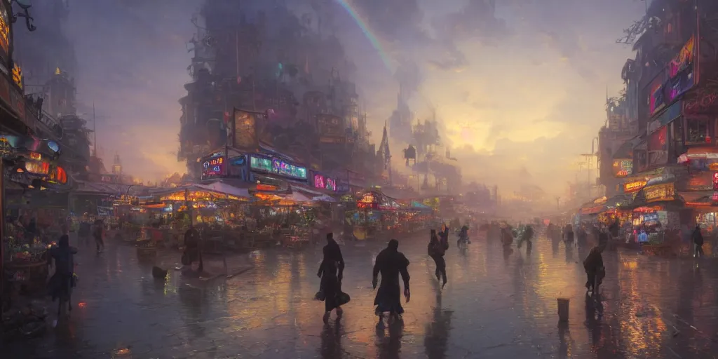 Prompt: screenshot of a lively marketplace in a vast makeshift city in the clouds, mist, iridescent sunset, rainbows, hustle and bustle, fps, thomas kinkade, by craig mullins, james gurney, greg rutkowski, sparth, mucha, cinematography, cinematic masterpiece