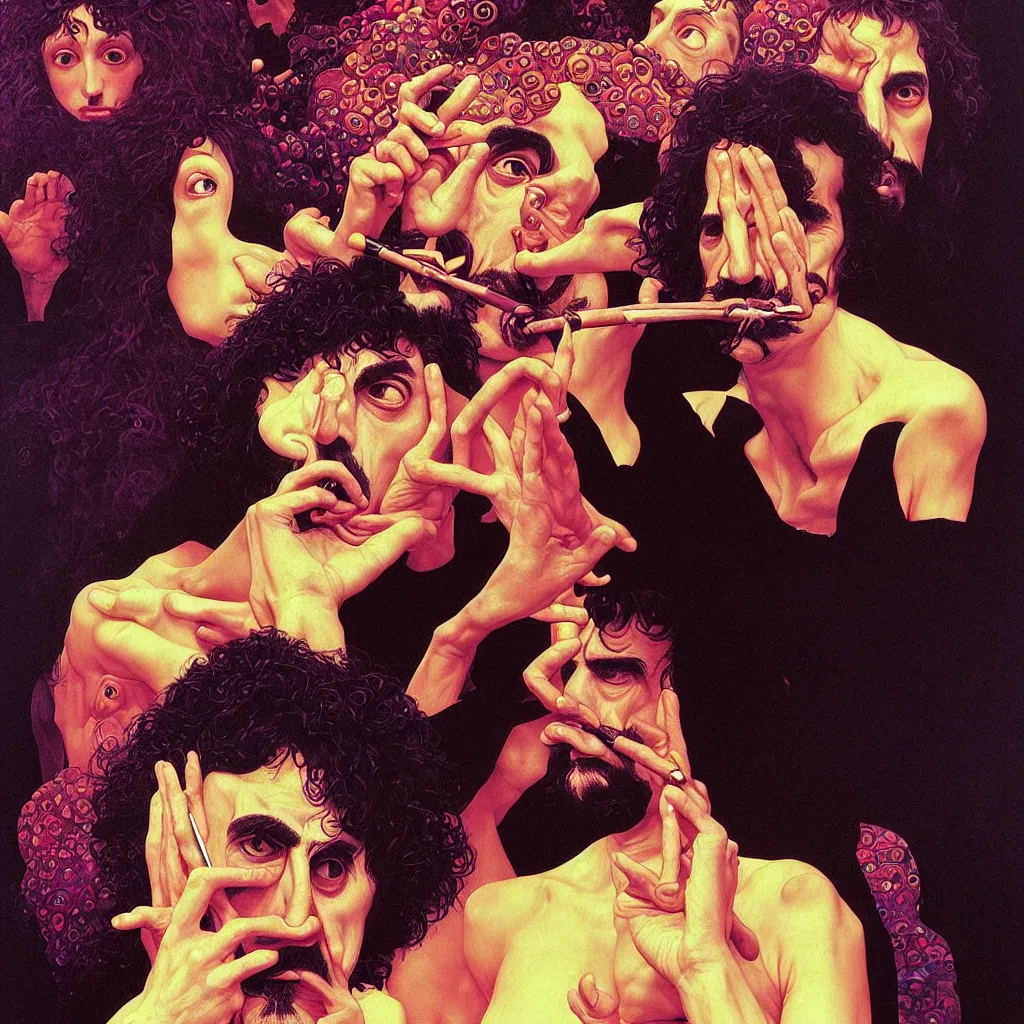 Image similar to weird and disturbing portrait of frank zappa smoking, vivid colors, neon, art by ( ( ( kuvshinov ilya ) ) ) and wayne barlowe and gustav klimt and artgerm and wlop and william - adolphe bouguereau