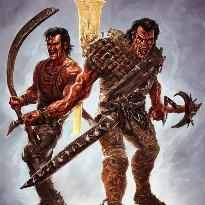 Prompt: Ash Williams from The evil dead, manowar album, Muscular man, striking demon with large bloody barbarian sword, D&D, fantasy, intricate, cinematic lighting, highly detailed, digital painting, artstation, concept art, smooth, sharp focus, illustration by Cory Loftis