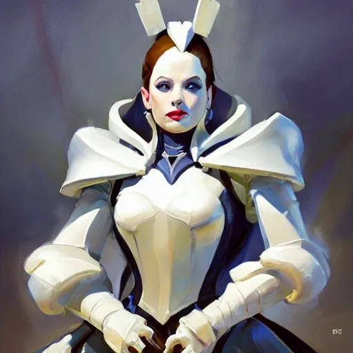 Prompt: greg manchess portrait painting of armored white queen from alice in wonderland as overwatch character, medium shot, asymmetrical, profile picture, organic painting, sunny day, matte painting, bold shapes, hard edges, street art, trending on artstation, by huang guangjian, gil elvgren, ruan jia, randy vargas, greg rutkowski