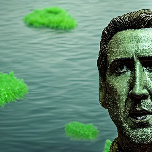 Image similar to Nicolas Cage mossy statue, green moss all over, bottom of the ocean, deep ocean, fish, 4k, detailed, photorealistic, photo