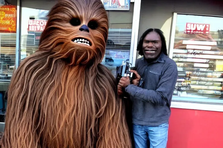 Image similar to chewbacca wearing a weave in front of a pawn shop