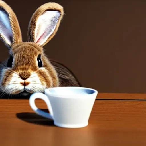 Image similar to hyperrealistic detailed medium shot low angle image, deep depth of field of fluffy brown rabbit sitting behind the table, in front of it cup of coffee with milk. small and structured. 8 k, 3 d render by roger magrini, very cohesive, masterpiece