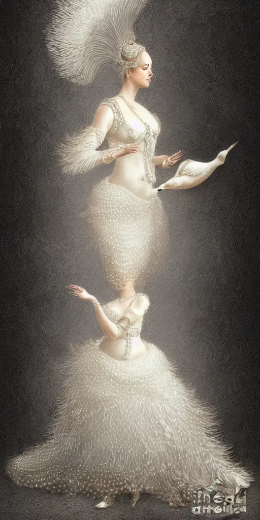 Image similar to a lady with a decorated dress made of white pearls and white plumes of swan highly detailed digital _ painting, cinematic, dramatic lighting