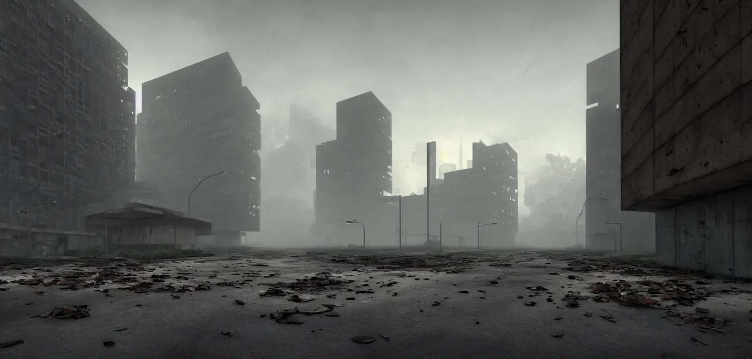 Prompt: streetview, brutalist buildings, abandoned, empty streetscapes, sprawling jungle, natural volumetric lighting, misty sunset, rusted steel, concrete, glass, stunning skies, scattered rubbish and debris, 8 k, finely detailed, unreal engine, imax, cinematic, beautifully illustrated, sharp focus, minimal artifacts, doom, greg rutkowski, le corbusier, artstation