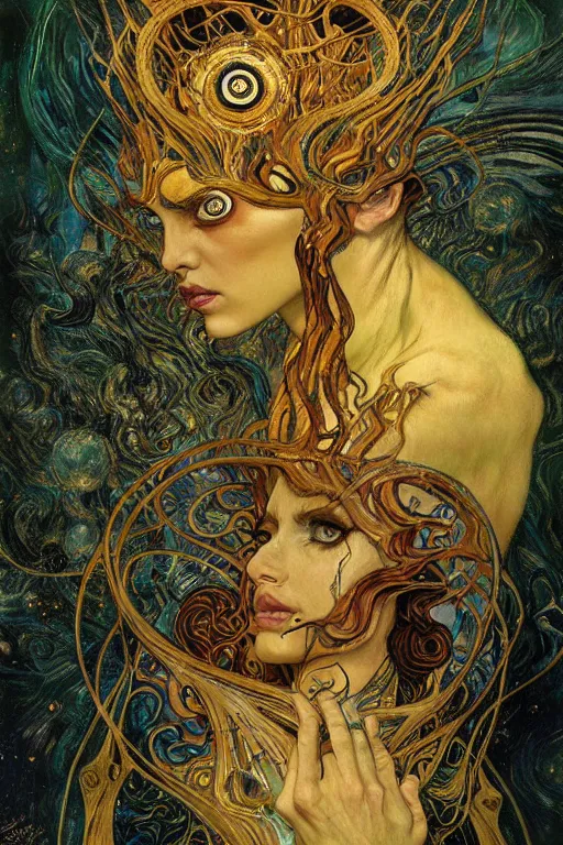 Prompt: Intermittent Chance of Chaos Muse by Karol Bak, Jean Deville, Gustav Klimt, and Vincent Van Gogh, beautiful inspiring portrait, enigma, Loki's Pet Project, destiny, Poe's Angel, fate, Surreality, inspiration, muse, otherworldly, fractal structures, arcane, ornate gilded medieval icon, third eye, spirals