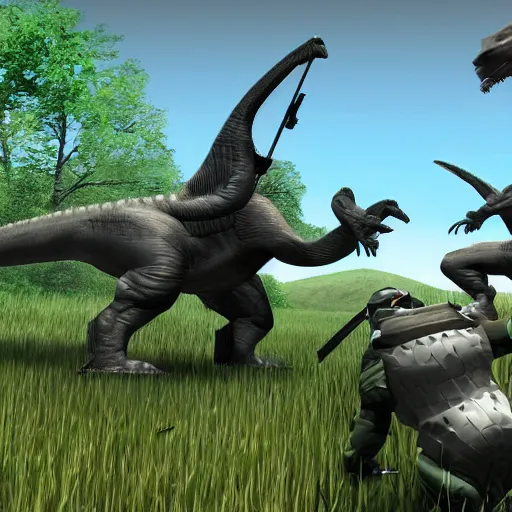 Image similar to futuristic soldiers fighting a dinosaur in garry's mod, in game screenshot