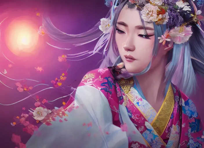 Image similar to character concept art of a girl wearing japanese kimono surrounded by spirit blossoms, wonderful shading, realistic face, concept art, dynamic pose, digital illustration, trending on artstation, intricate details, epic composition, sharp focus, 8 k uhd, masterpiece, league of legends splash art