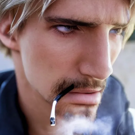 Image similar to a closeup photo of handsome gigachad xqc smoking