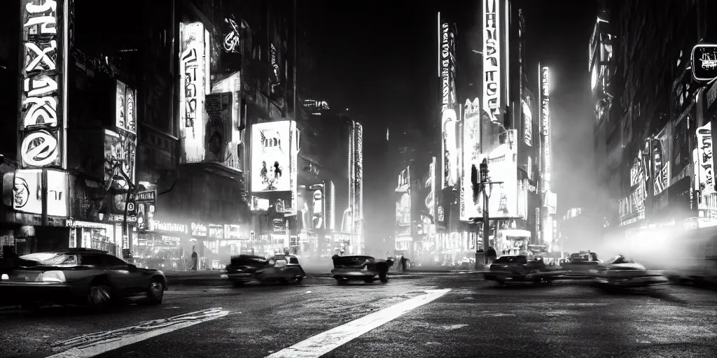 Image similar to city streets, neon signs, giant screens, eerie fog, blade runner, ex machina