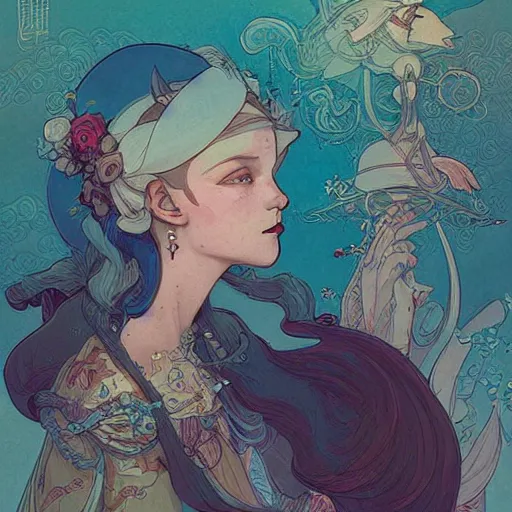 Prompt: portrait of a victorian era duc, princess girl, stylized illustration by peter mohrbacher, moebius, mucha, victo ngai, colorful comics style