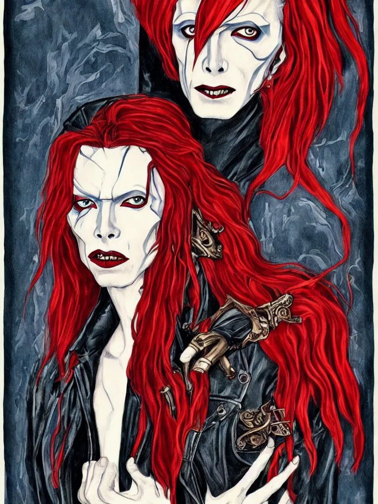 Image similar to art nouveau, David Bowie, vampire, sharp teeth, leather jacket, jeans, long red hair, full body